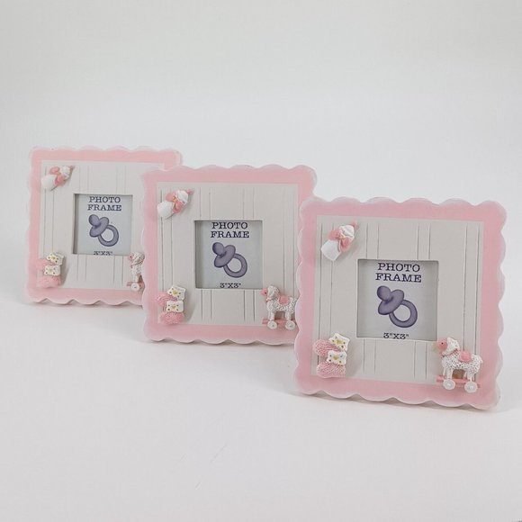 Newborn Baby Girl Photo Frame Gift Pink 3x3 Picture Free Stand Wood 6.5x6.5 Dime - Picture 4 of 12